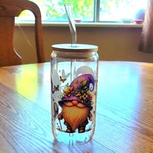Handmade Purple Whimsical Gnome Glass Tumbler with Glass Straw
